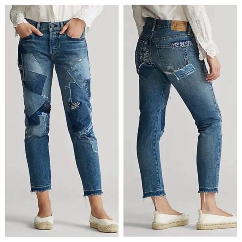 RARE** Polo Ralph Lauren Avery Indigo Patchwork Distressed Boyfriend Jean Sz 28